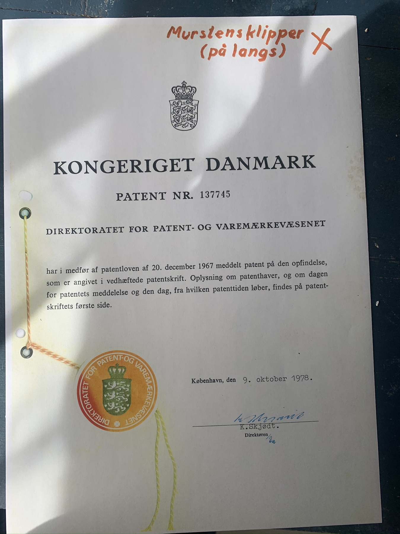 Historical Danish Patent No. 137745 dated 9 October 1978