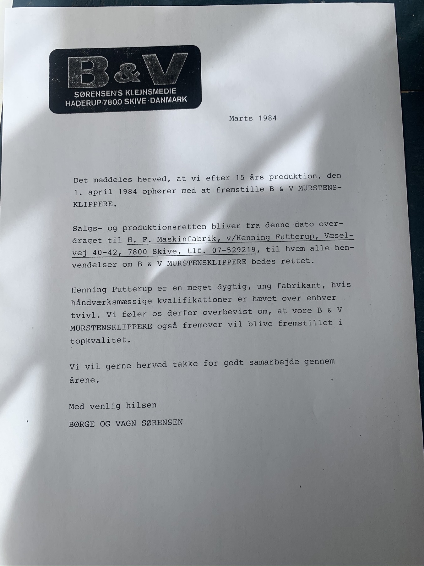 Original 1984 letter transferring B&V Brick Cutter production rights to Henning Futterup