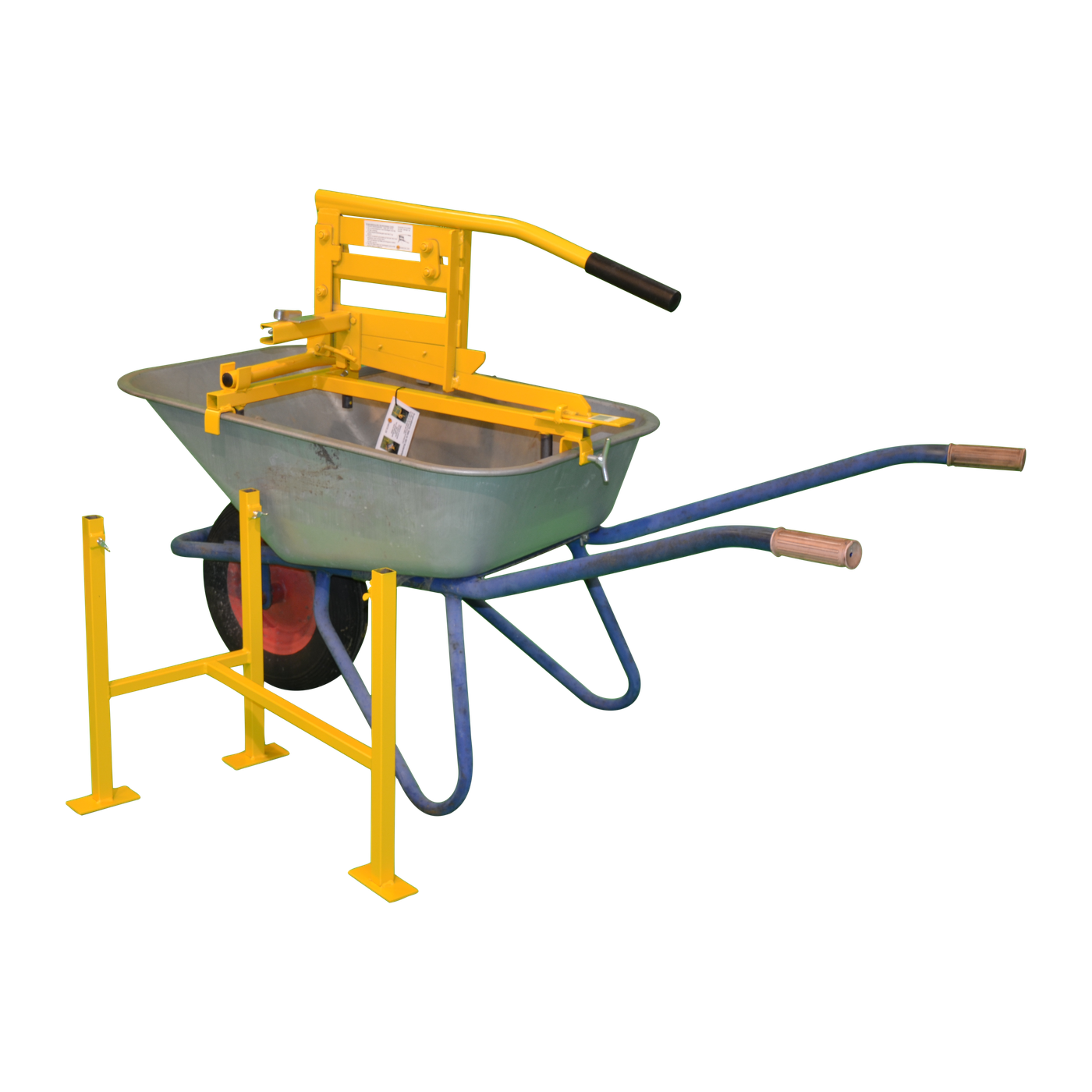 B&V brick cutter mounted above a builder’s wheelbarrow