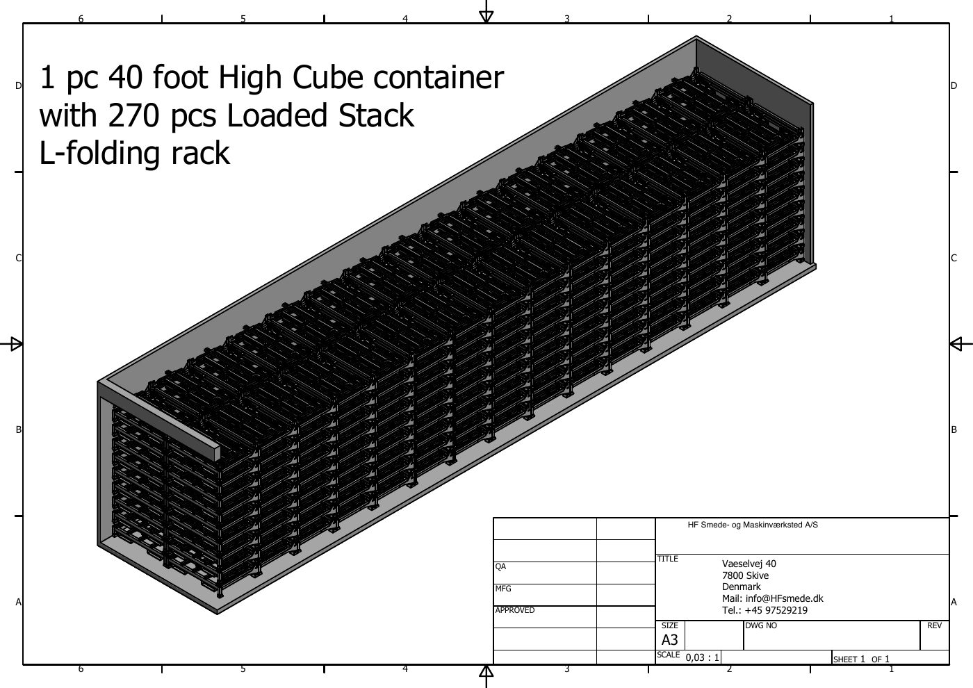 40 ft High Cube container loading layout preview for 270 Stacking L-Folding Racks